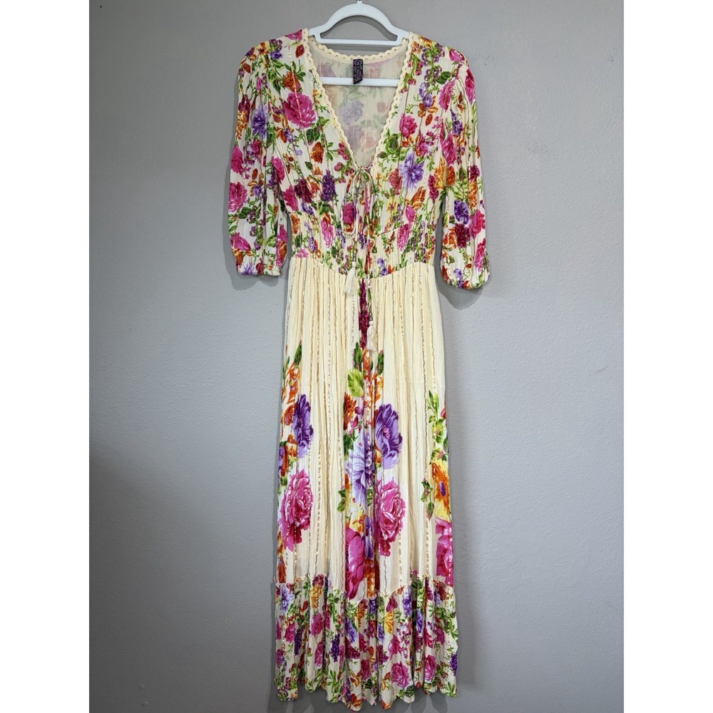 Me 2 Magic Floral Boho Cottage Maxi Dress Small Smocked Garden Party Romantic